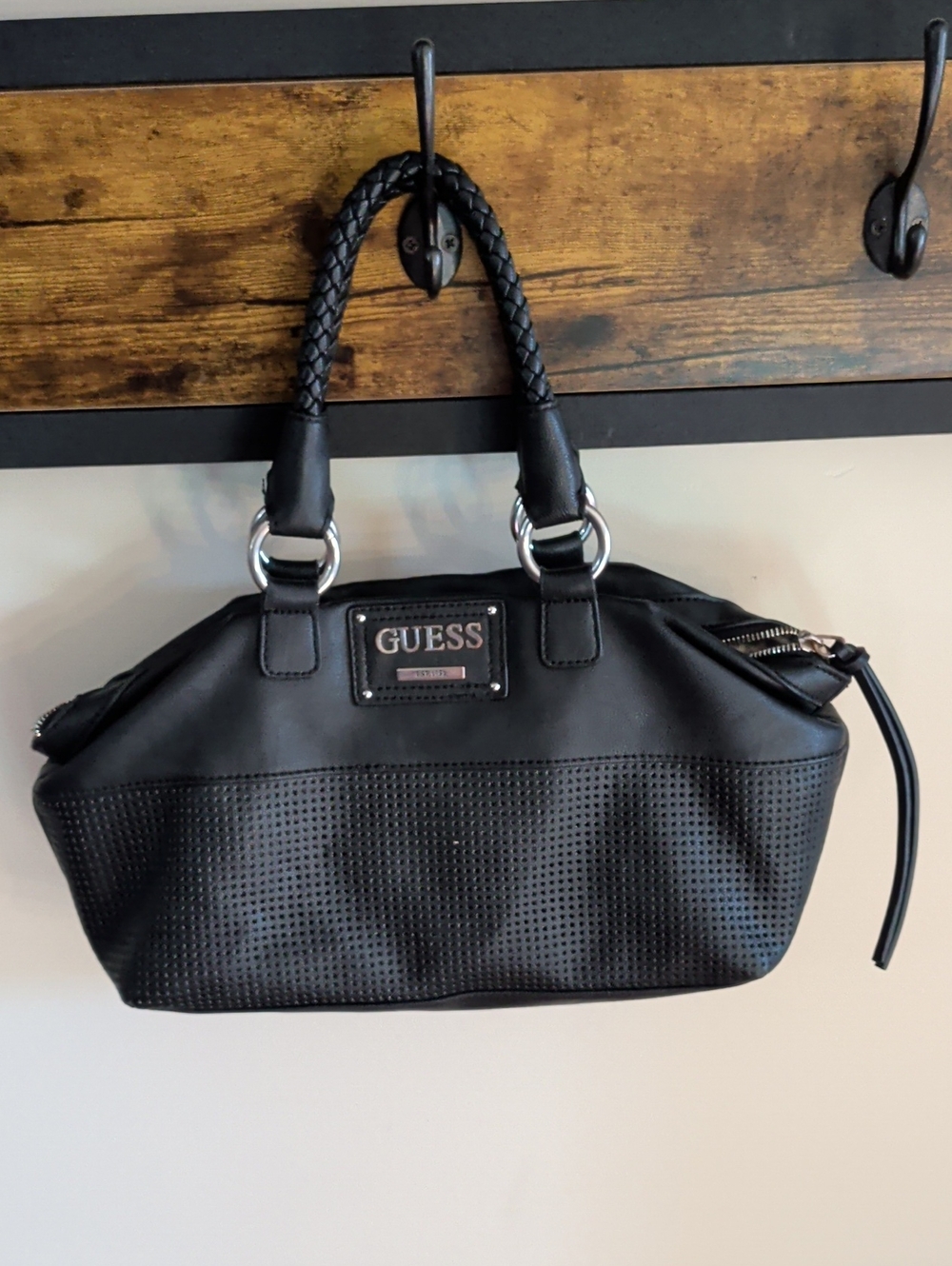 GUESS Black Perforated Satchel with Braided Handles
